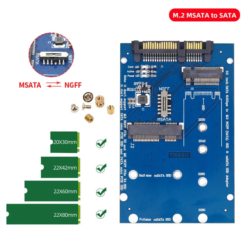 Black SATA 3 to M.2 NGFF MSATA SSD conversion adapter card with gold connectors