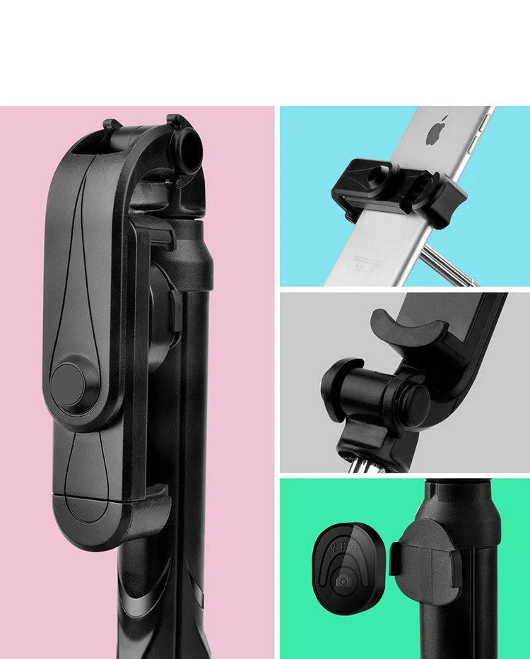Black iPhone tripod selfie stand with extended aluminium rod and Bluetooth remote control