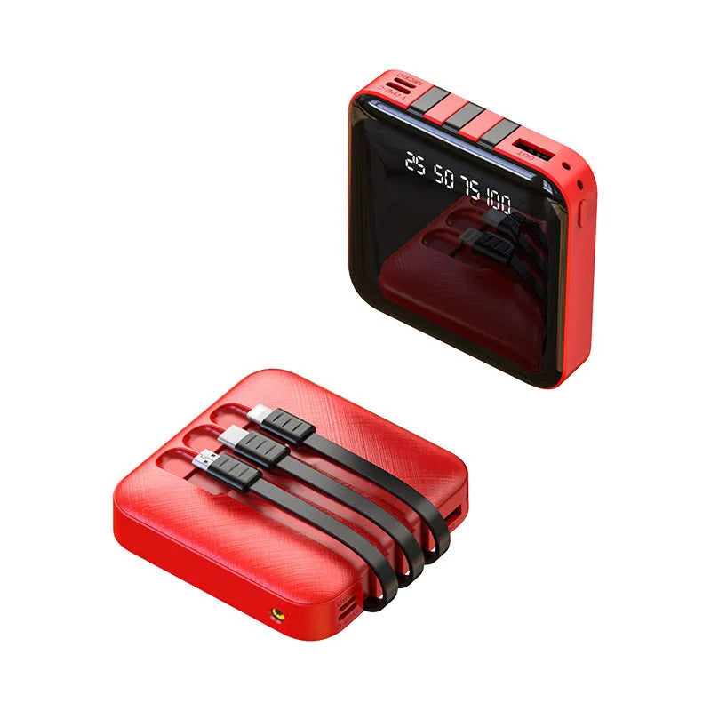 Black 10000mAh portable power bank with integrated charging cable, compact rectangular design.