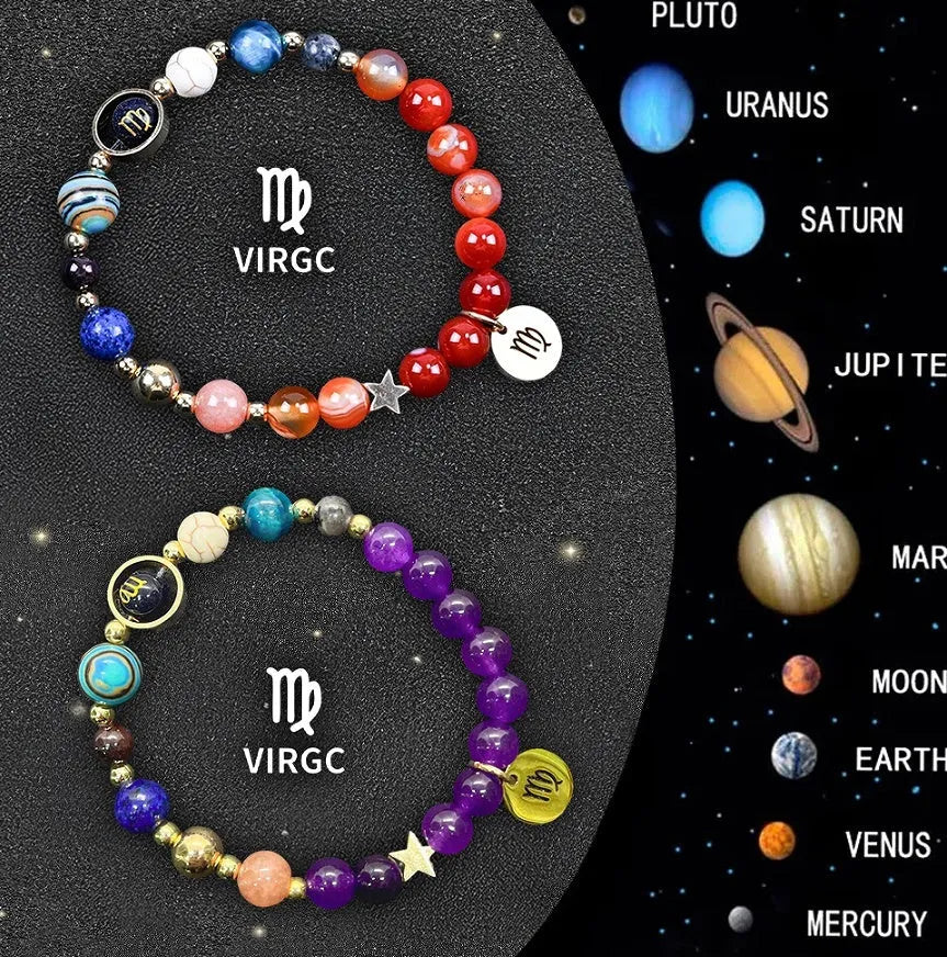 Set of two natural stone beaded bracelets featuring zodiac sign designs on an adjustable band.
