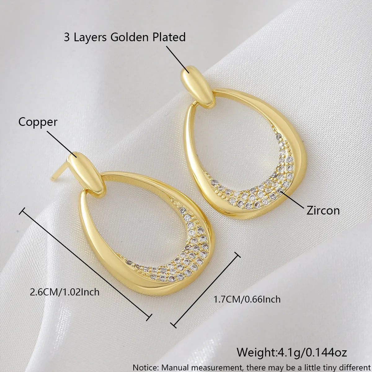 Geometric drop-shaped women's earrings with zircon design and yellow gold electroplated finish