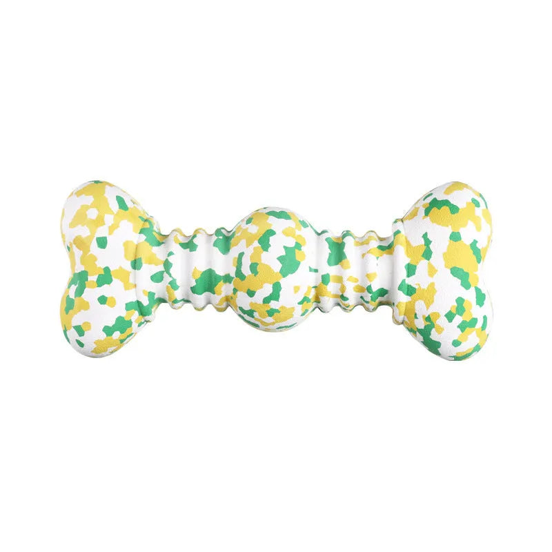 Green, white, and yellow camouflage pattern natural rubber bone-shaped dog chew toy
