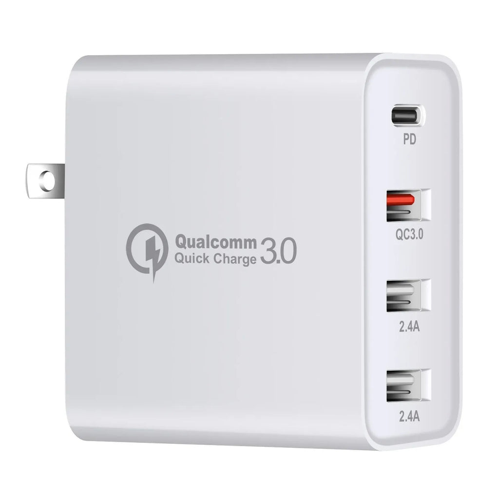 Black and white 48W USB-C PD charger with four ports and AU, EU, UK, US plug adapters