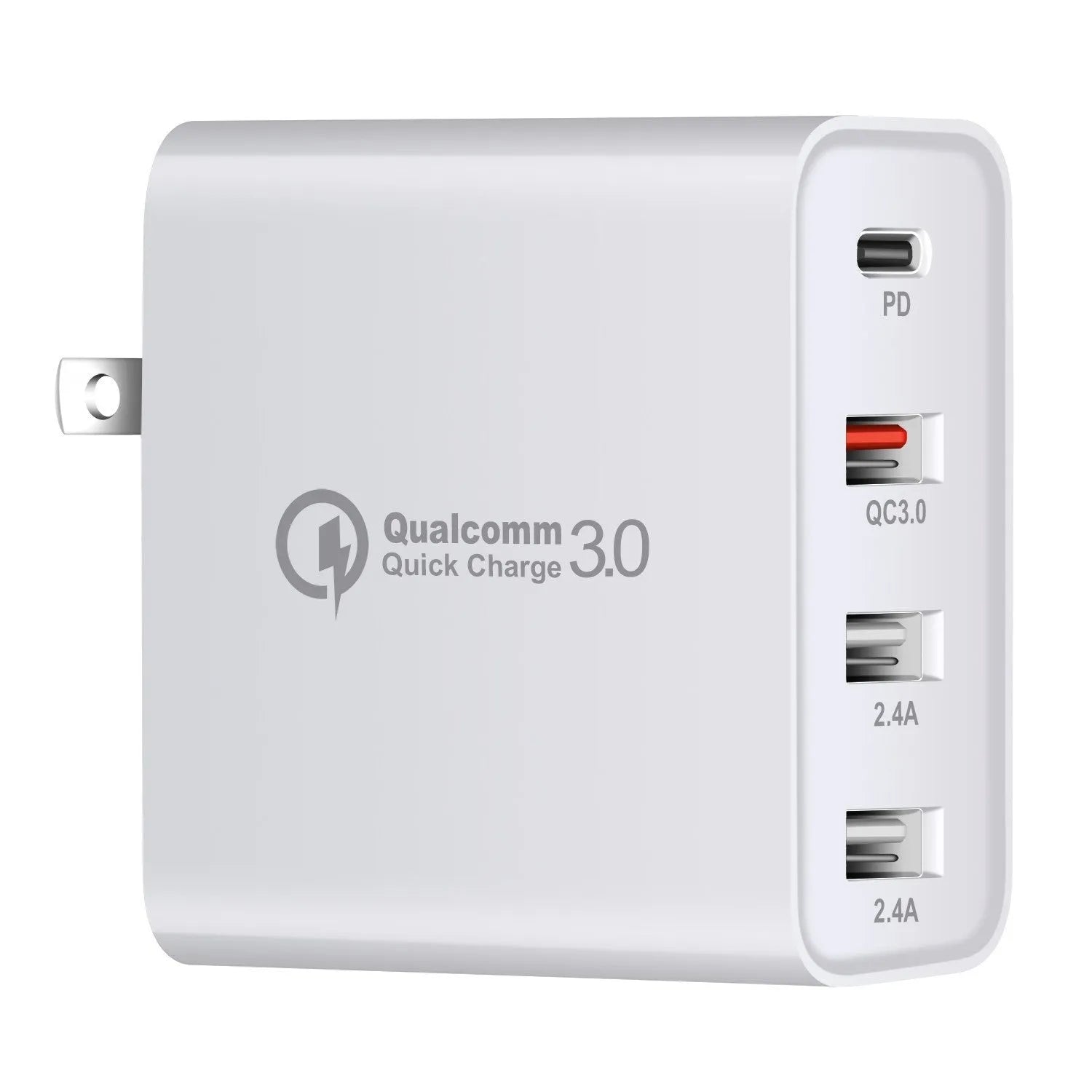 Black and white 48W USB-C PD charger with four ports and AU, EU, UK, US plug adapters
