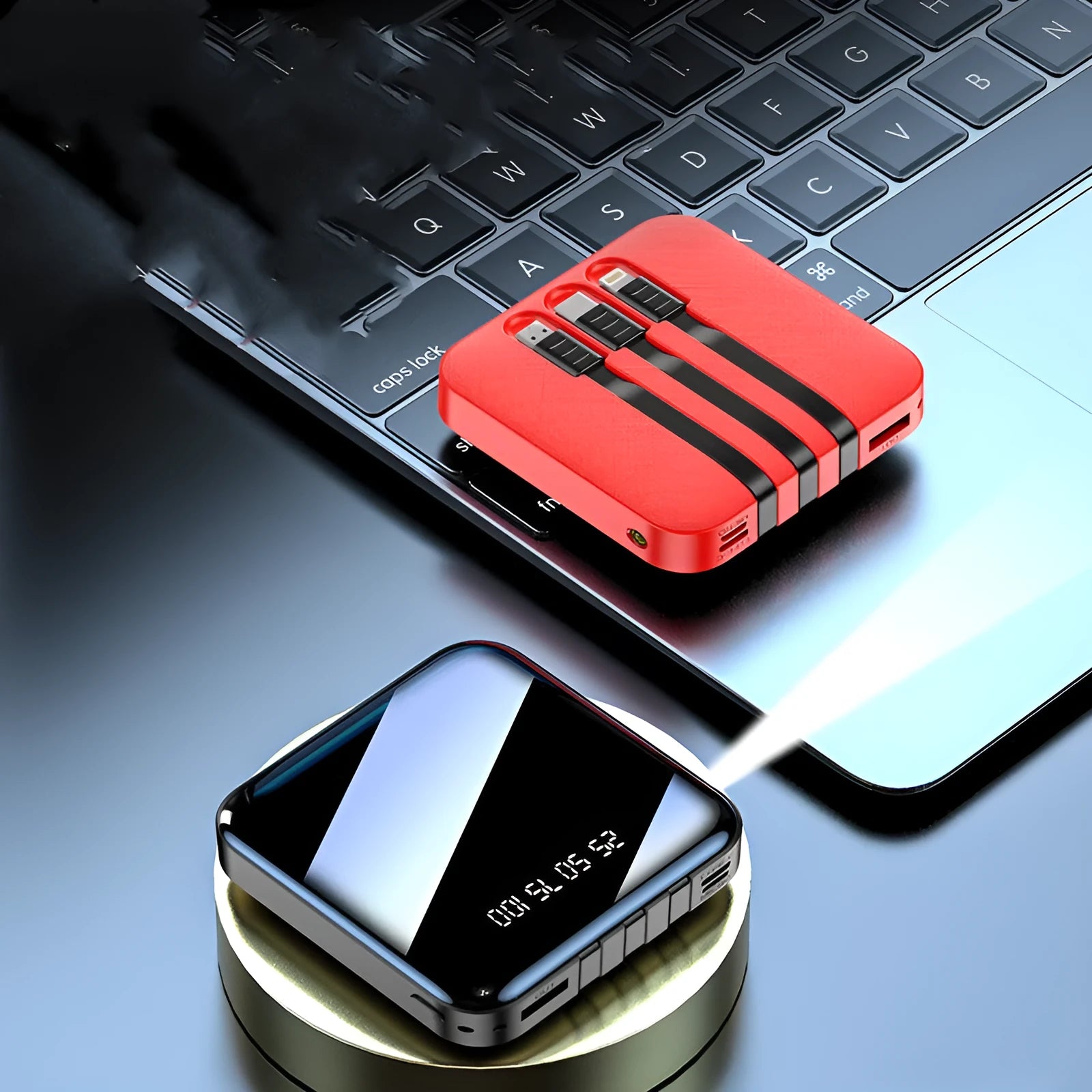 Black 10000mAh portable power bank with integrated charging cable, compact rectangular design.
