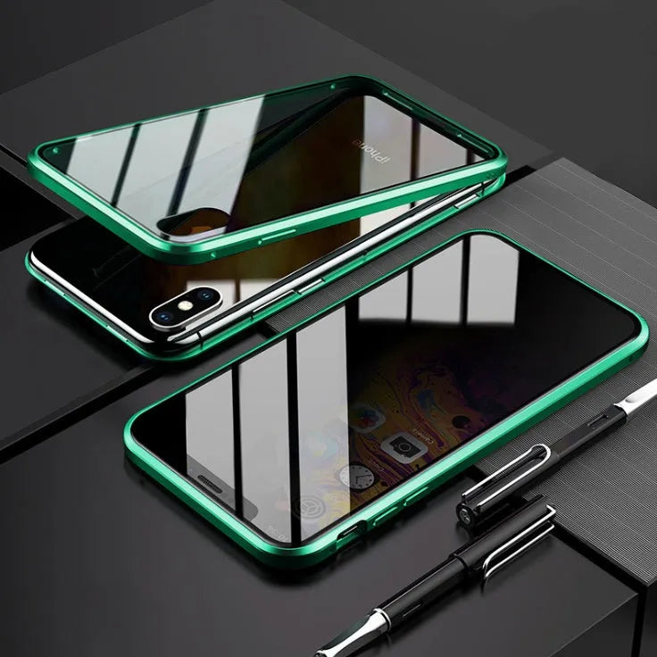 Black clamshell anti-peeping magnetic phone case for Samsung Galaxy phone shown open and closed