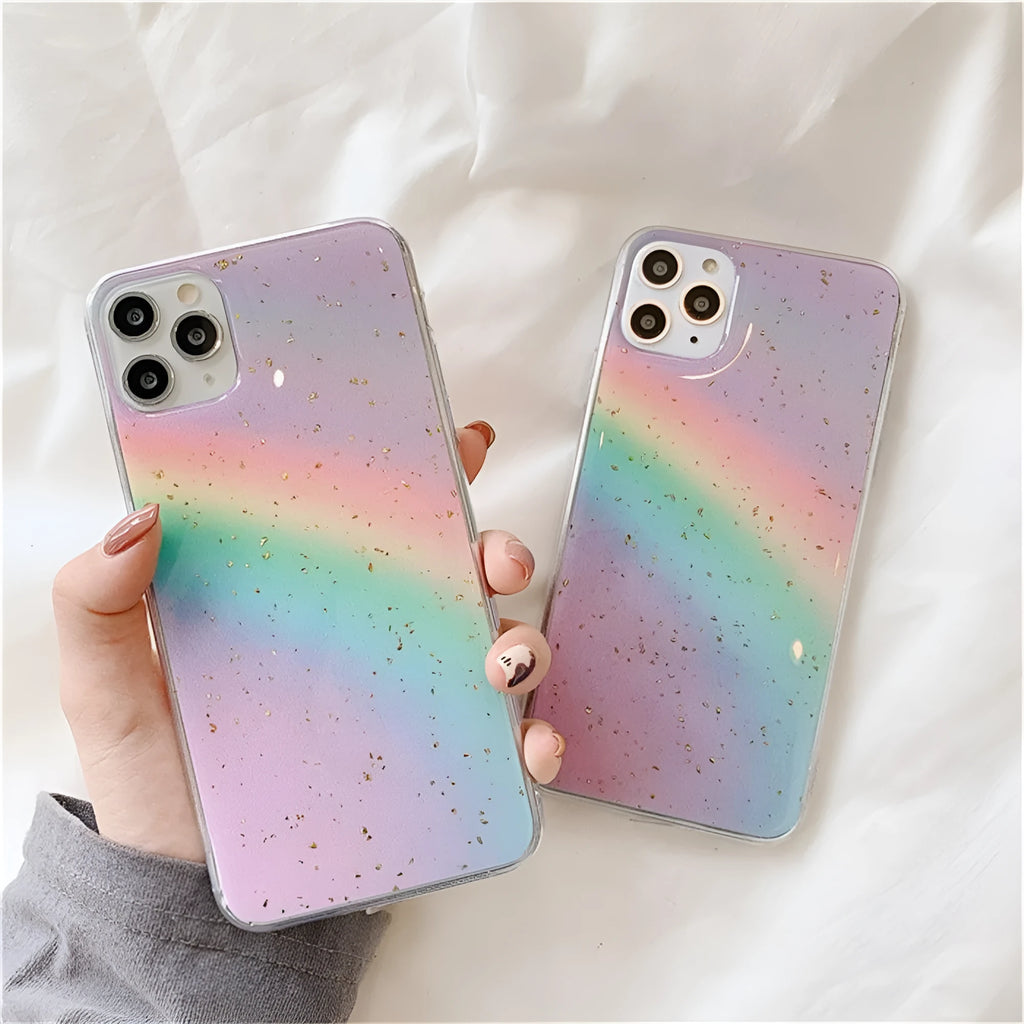 Rainbow gradient TPU iPhone case with colourful stripes on back, showing Japanese and Korean style design