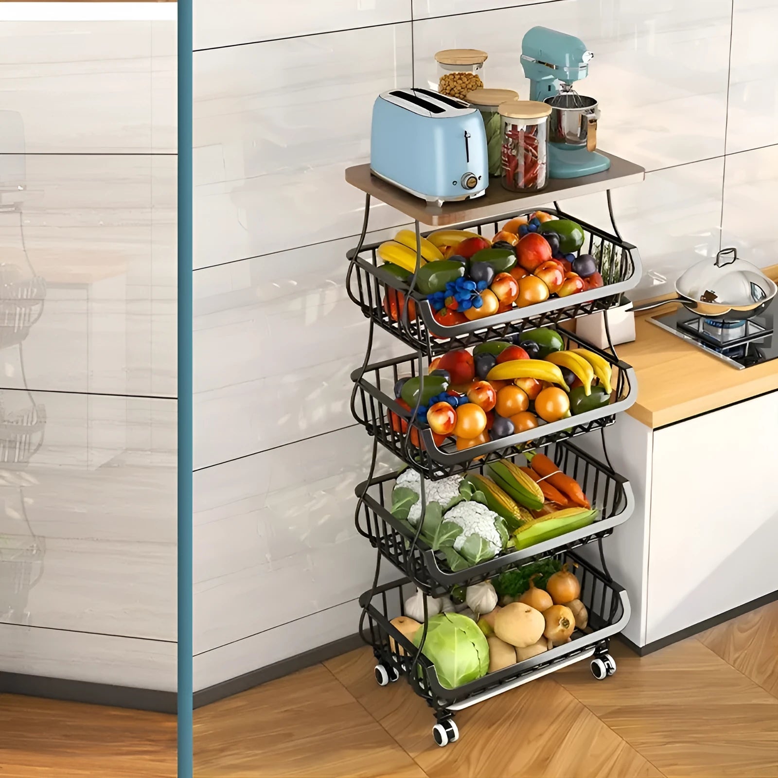 Black six layer kitchen storage trolley with foldable carbon steel frame and modern design