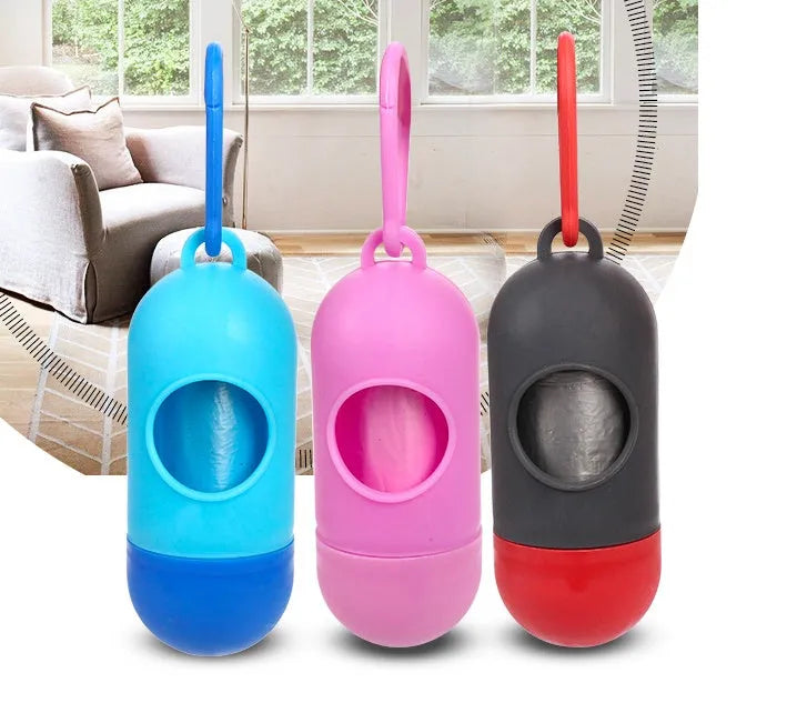 Roll of coloured dog poop bags showing size of 22.5 by 30 centimetres.