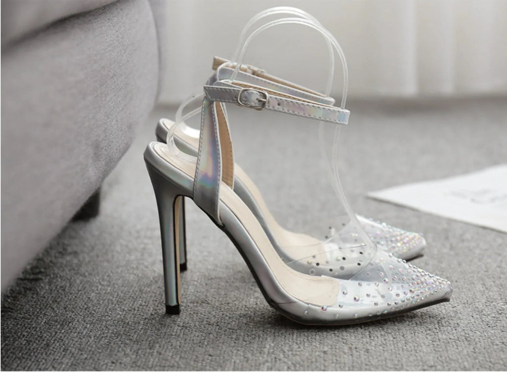 Women's pointed toe stiletto sandals with diamond decoration on PVC upper in Asian sizes 35-42