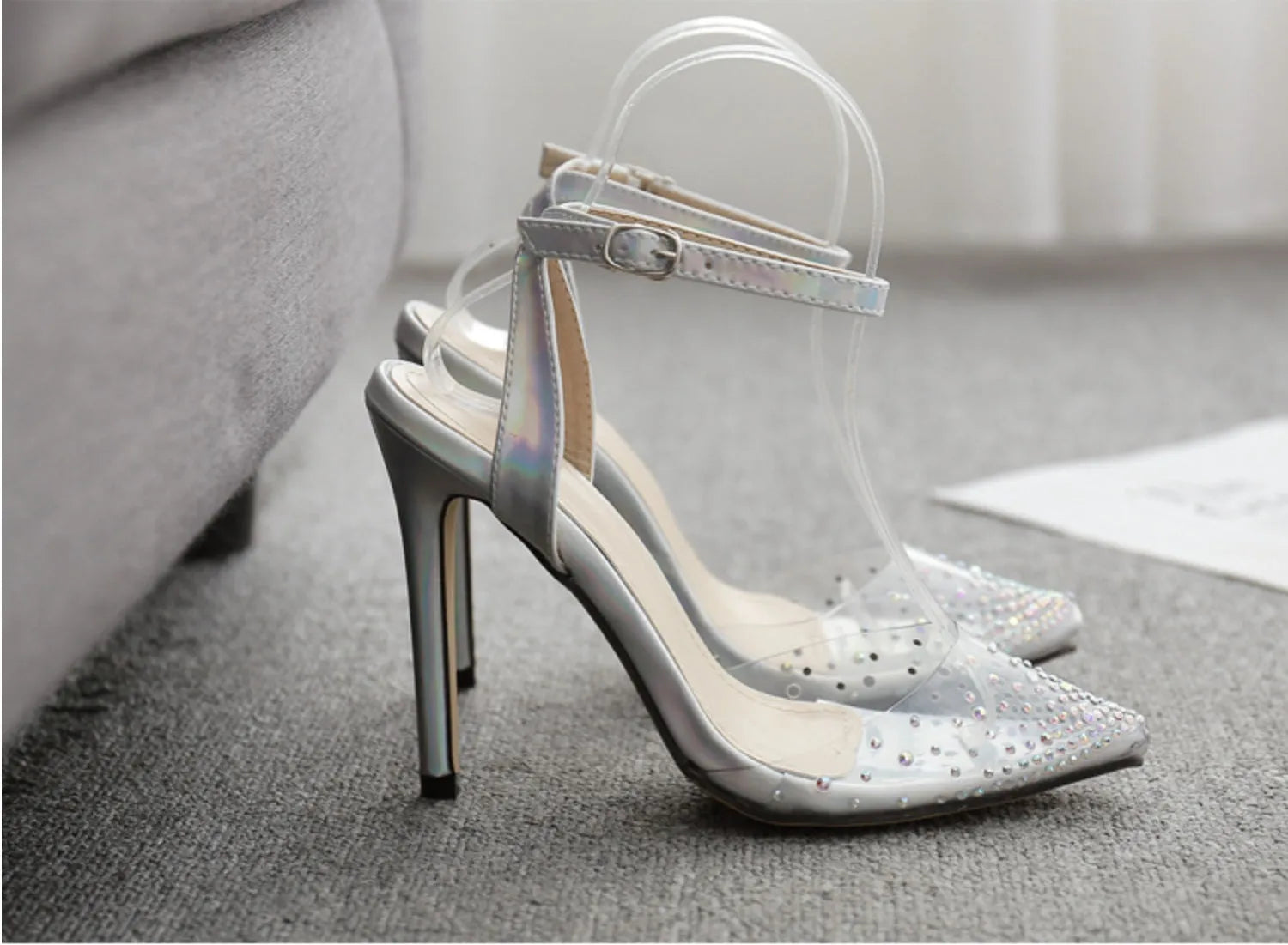 Women's pointed toe stiletto sandals with diamond decoration on PVC upper in Asian sizes 35-42