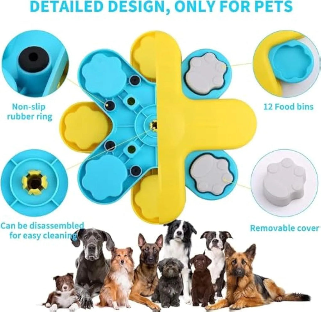 Yellow three-layer rotating dog puzzle feeder with claw-shaped lids on anti-slip base