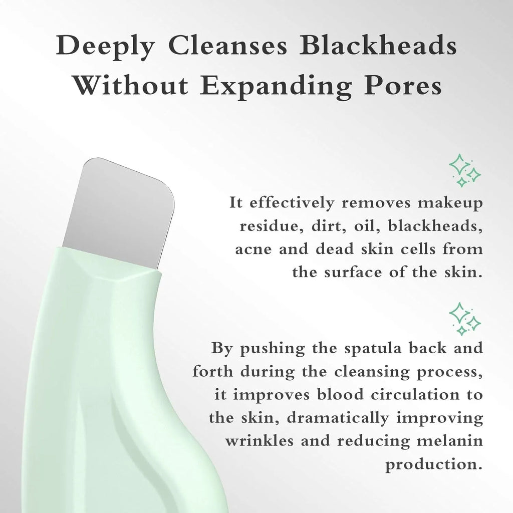 Green stainless steel facial pore scraper tool with a non-slip handle.