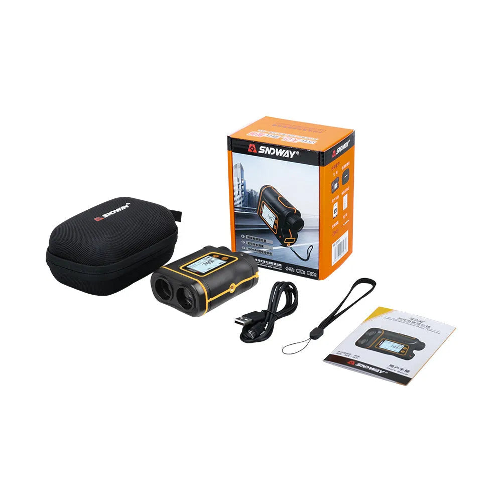 Handheld golf rangefinder measuring 104 x 76.5 x 41 mm with distance measurement display