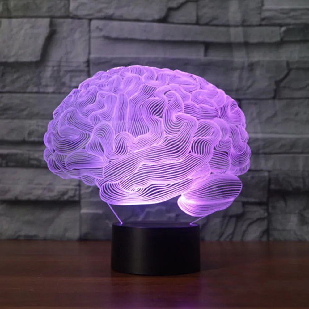 Brain-shaped 3D illusion LED desk lamp with multicolour light projection on acrylic plate and remote control.