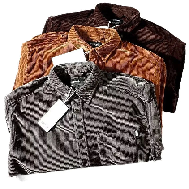 Caramel coloured corduroy long sleeve cardigan shirt with Hong Kong Japanese style loose fit design
