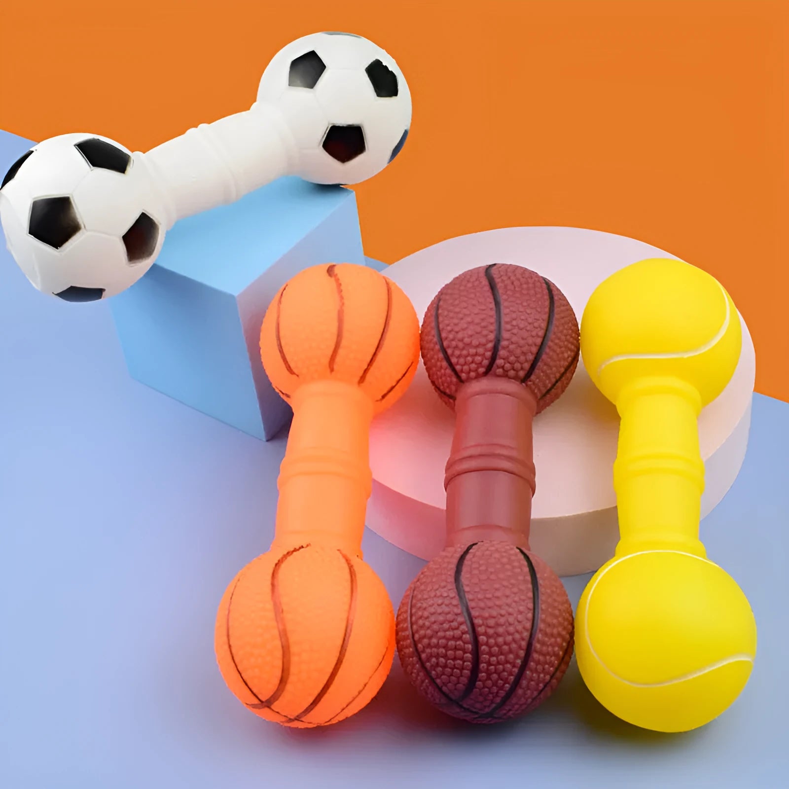 Non-toxic PVC squeaky dog toy shaped like a colourful football dumbbell.