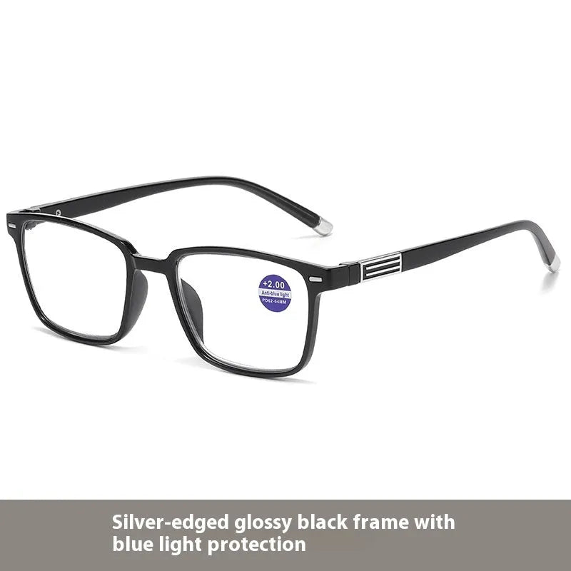 Anti blue light multifocal reading glasses with colour-changing grey PC lenses in a black and silver frame style.