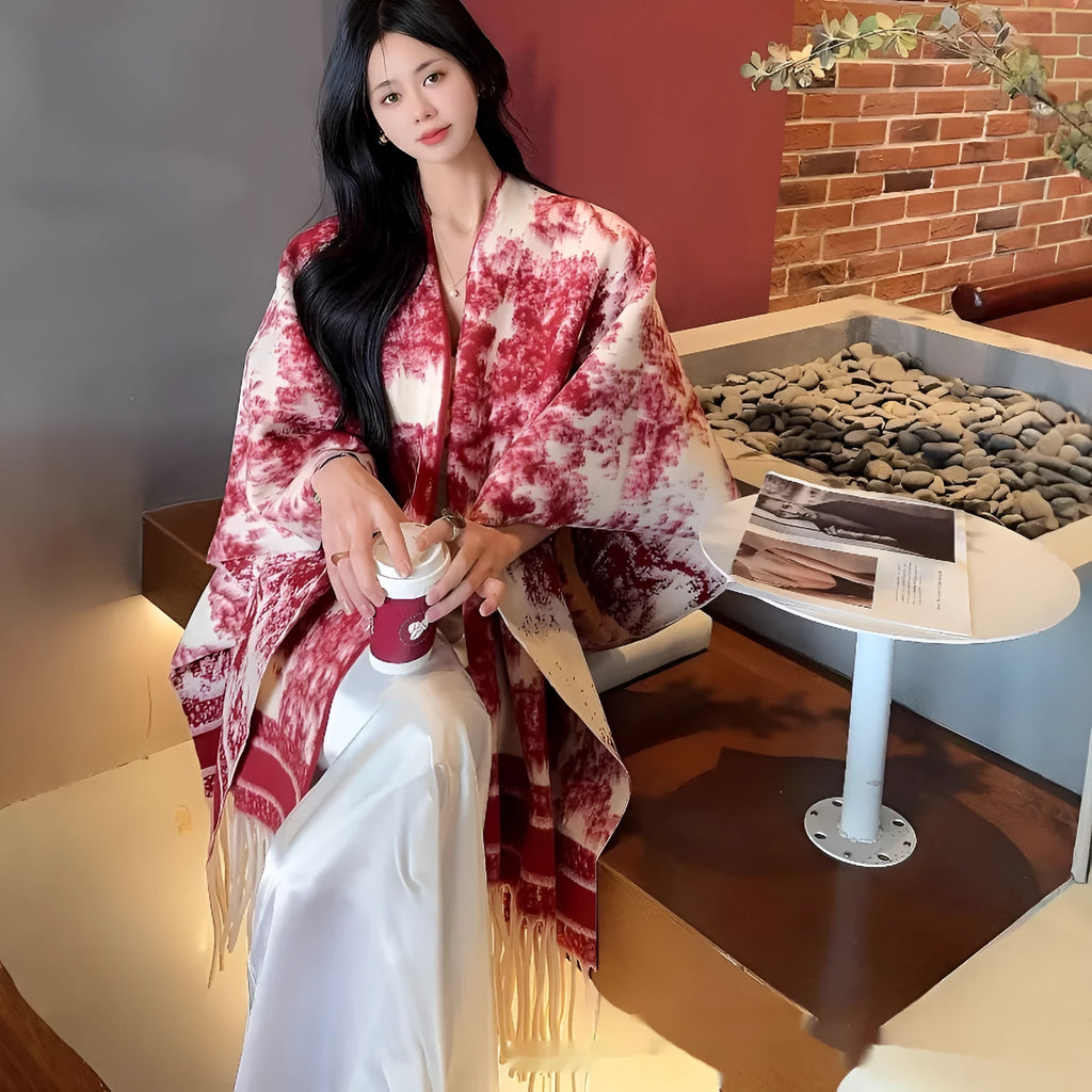 Women's polyester tassel scarf cape draped as shawl in photographic colour option