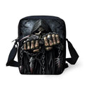 A medium-sized black children's messenger bag with a white skull graphic, showing the double straps and front zipper pocket.