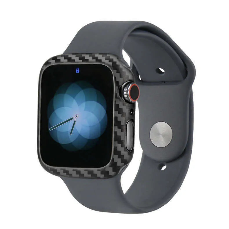Bright black half wrap leather case fitted on an Apple Watch Series 4 44mm