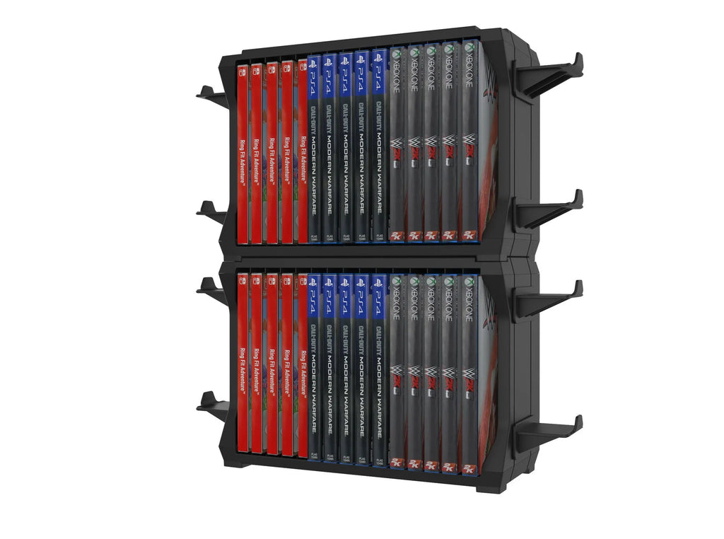 Black PS5 disc holder storing game cases and four controllers for multiple gaming consoles