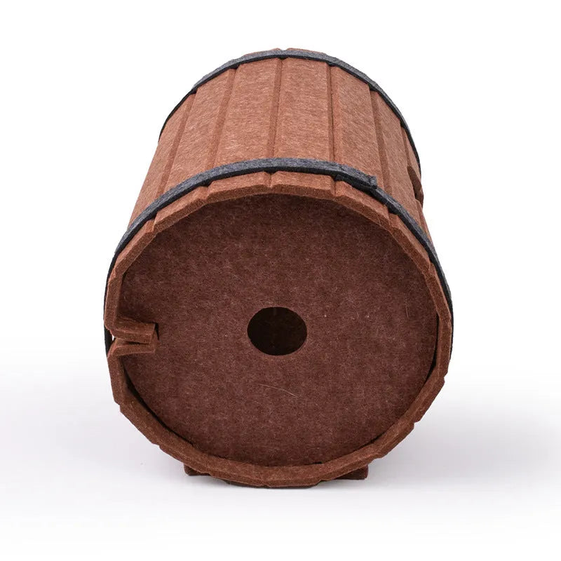 Wine barrel shaped assembled pet bed made from polyester fibre felt pieces with binding straps