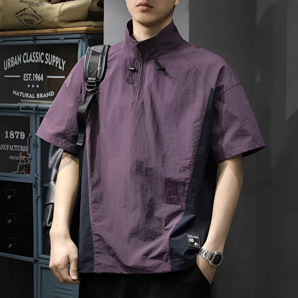 Men's brown half-zip stand collar business casual shirt with short sleeves and ice silk fabric