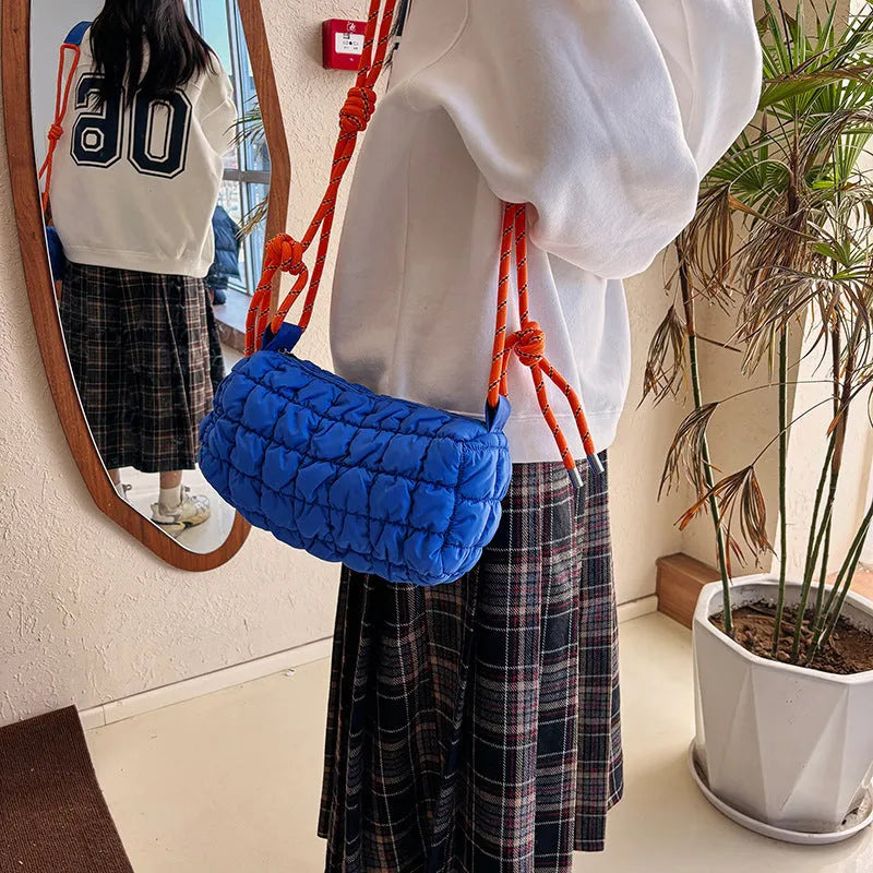 Women's lightweight nylon messenger bag in pillow shape with rhombus pattern and shoulder strap