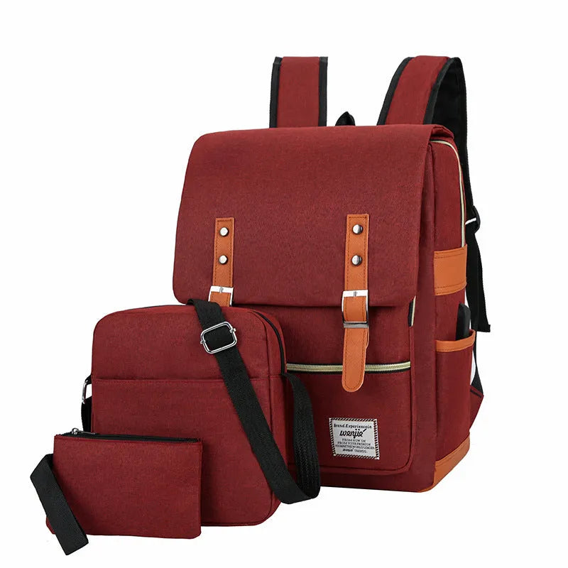 Three-piece business backpack in Oxford cloth with curved shoulder straps, shown in wine red colour