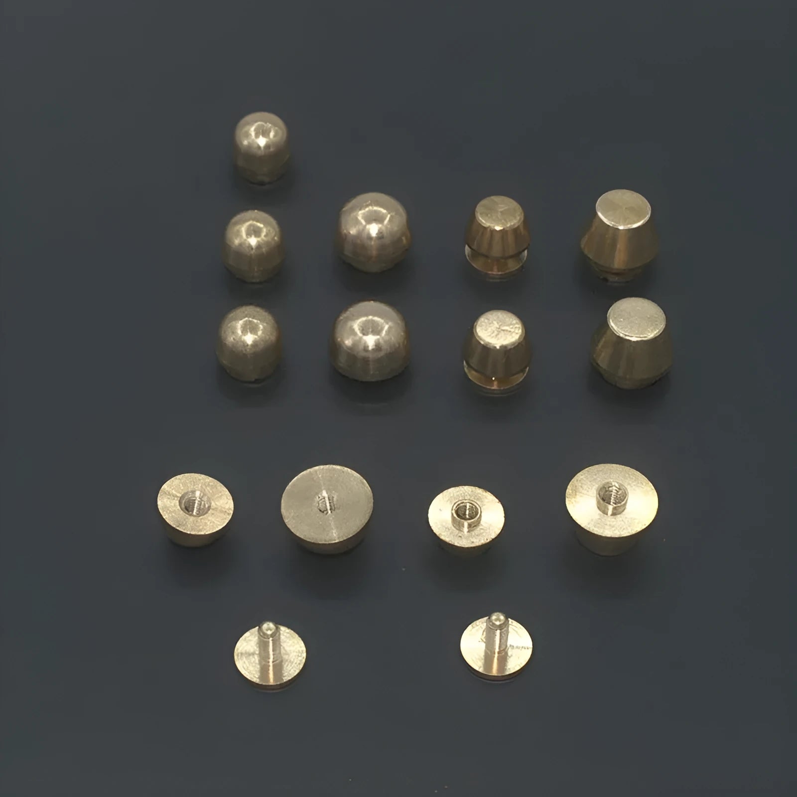Brass decorative buckle foot nails in round and bucket styles measuring 10mm and 12mm