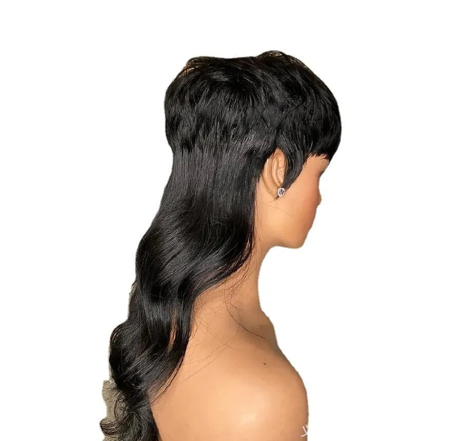 Black Brazilian wig with bangs featuring front short back long style