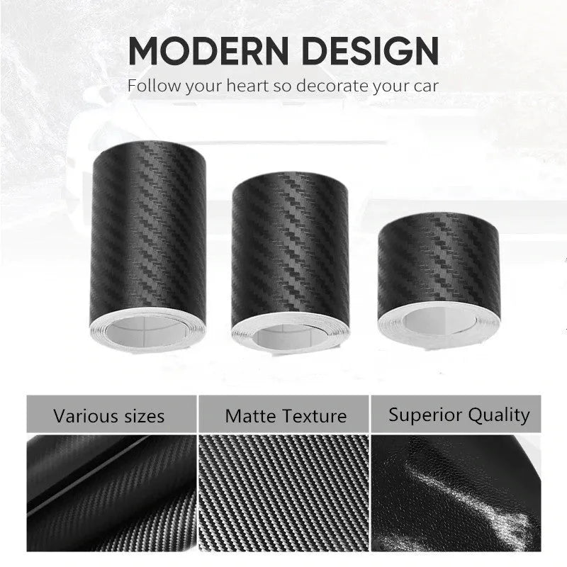 Matte black 3D carbon fibre roll for car door sill and bumper protection, showing texture and width options.