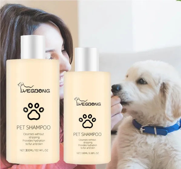 Bottle of mild dog shampoo for soft, tangle-free hair in 100ml and 300ml sizes.