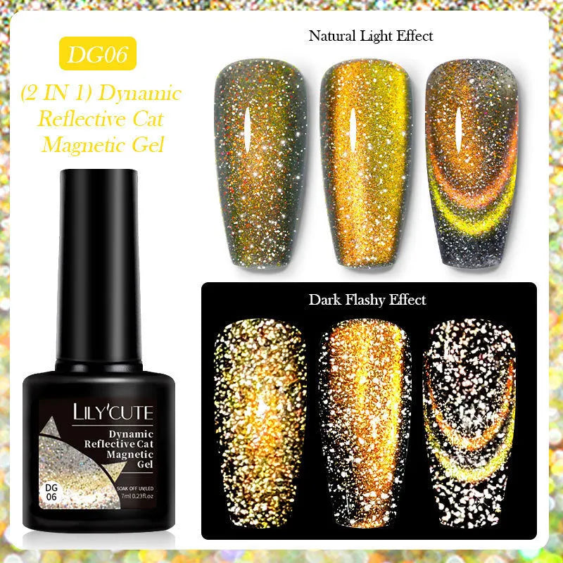 Diamond In The Debris Cat Eye Series UV nail polish gel bottles in six colours with glitter and fragments.