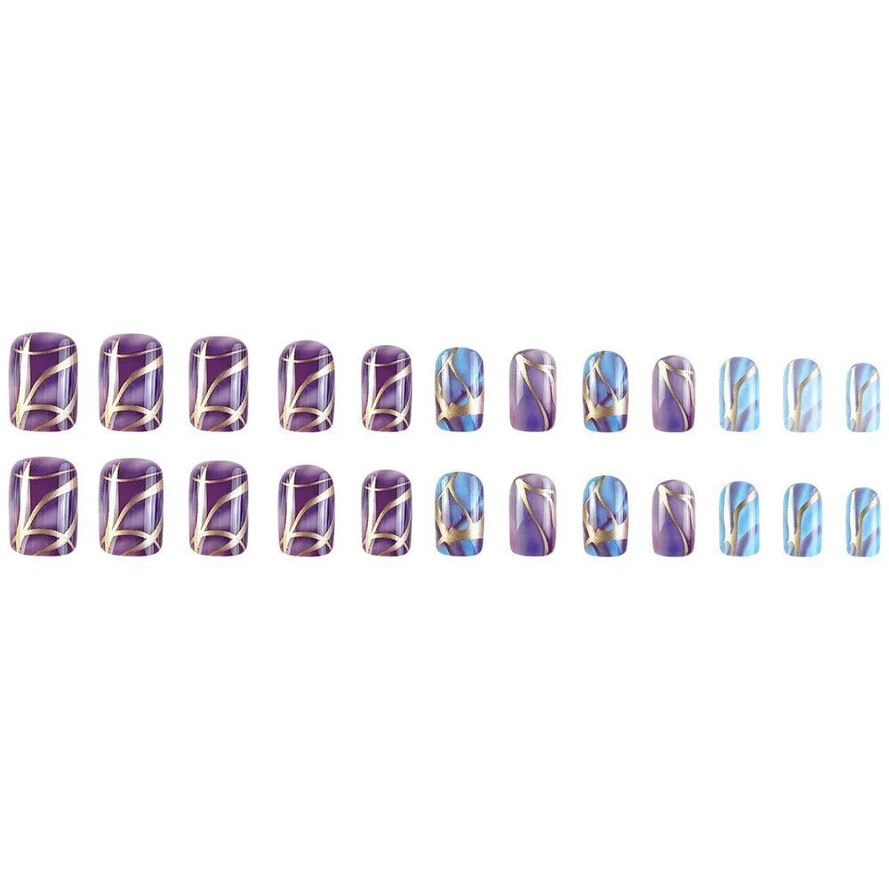 Purple striped nail art stickers in mid-length European American style on a fingernail.