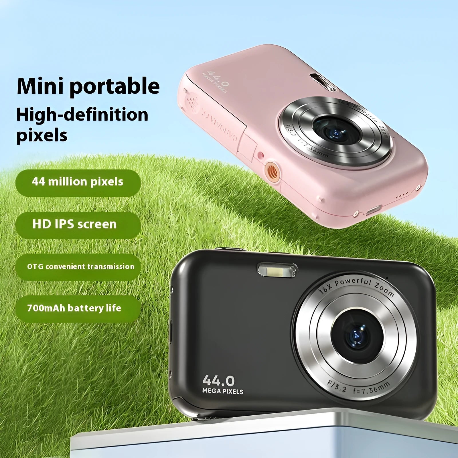 Children's digital camera with 2.4 inch screen in four colour options: black, green, pink, and purple