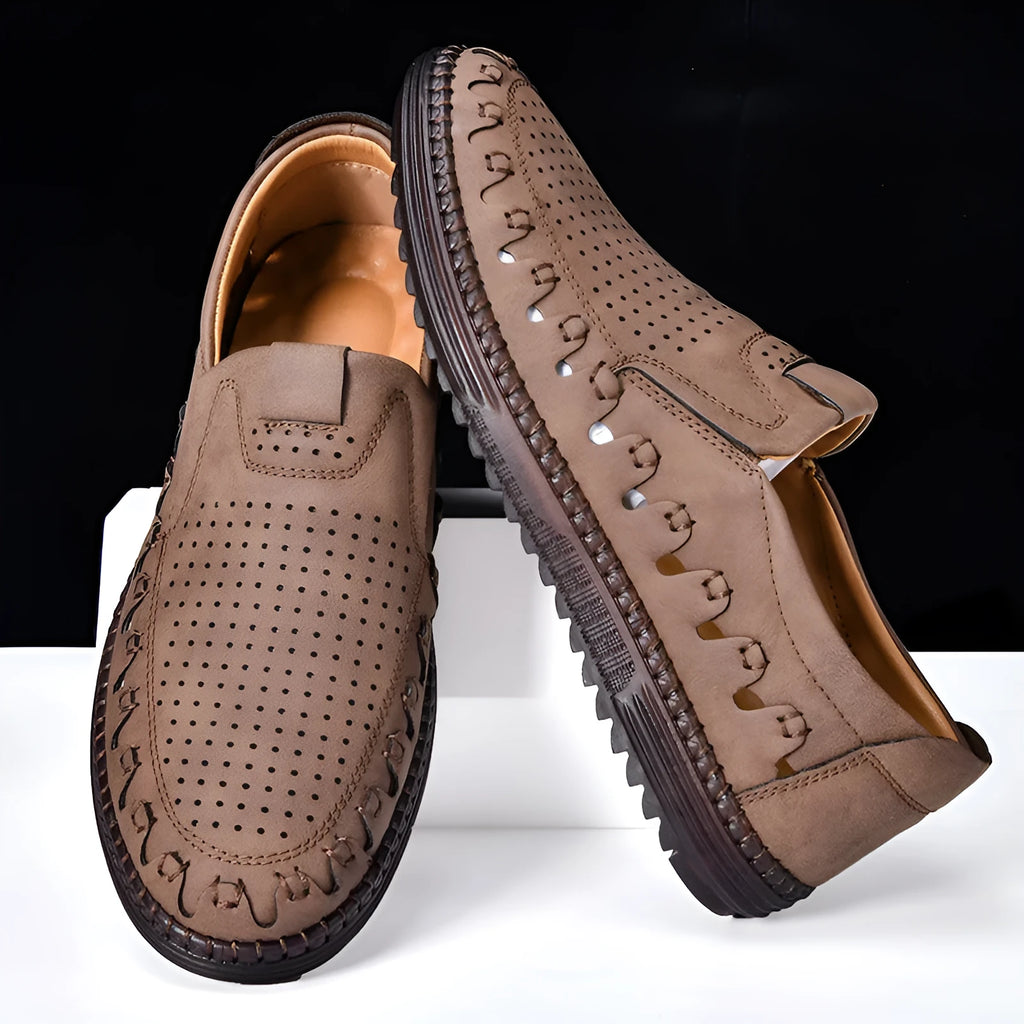 Men's brown hand-sewn PU slip-on casual shoes with a flat sole and round toe.