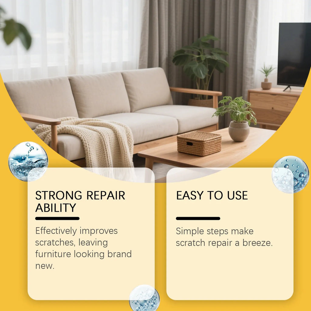 Wooden furniture scratch care kit showing 100ml bottle and 20cm x 20cm polishing cloth