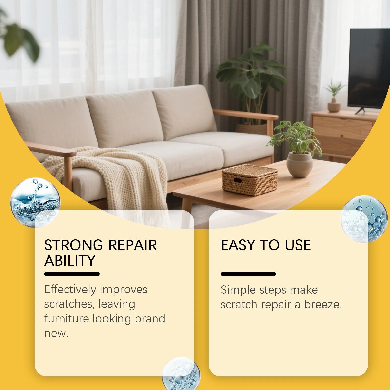 Wooden furniture scratch care kit showing 100ml bottle and 20cm x 20cm polishing cloth