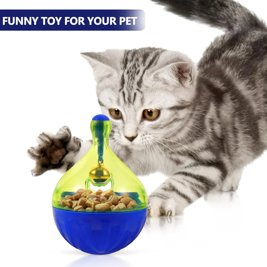Interactive pet treat dispenser tumble ball toy measuring 14x10x10cm for dogs and cats