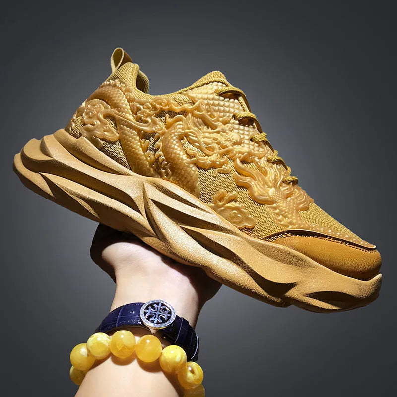 Casual Loong breathable sneakers in a dragon pattern colourway with a fly knit upper and rubber sole.