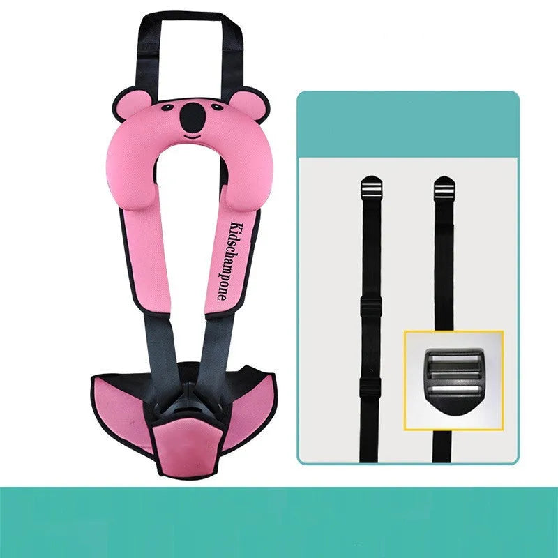 Cute Number One portable child car seat belt retainer in rose pink, shown on a car seat.