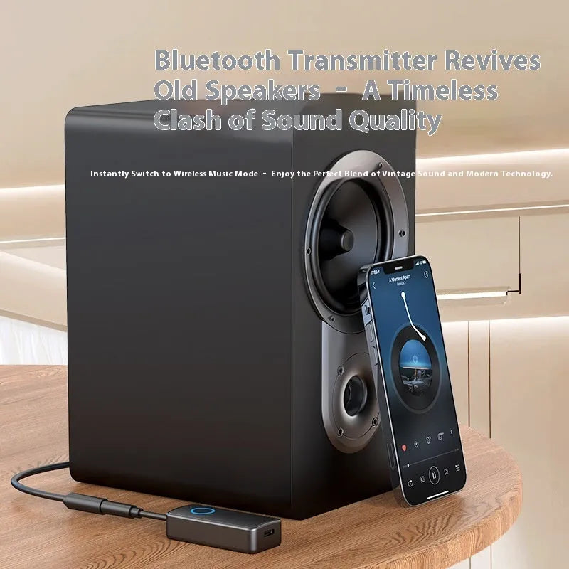 Black Bluetooth 5.4 audio adapter with 3.5mm plug for wireless streaming.