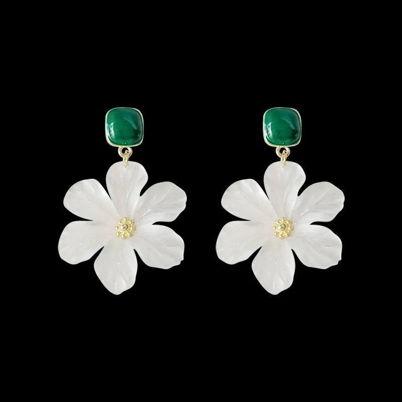 Dark green needle flowers sweet alloy earrings for women, shown as a complete pair