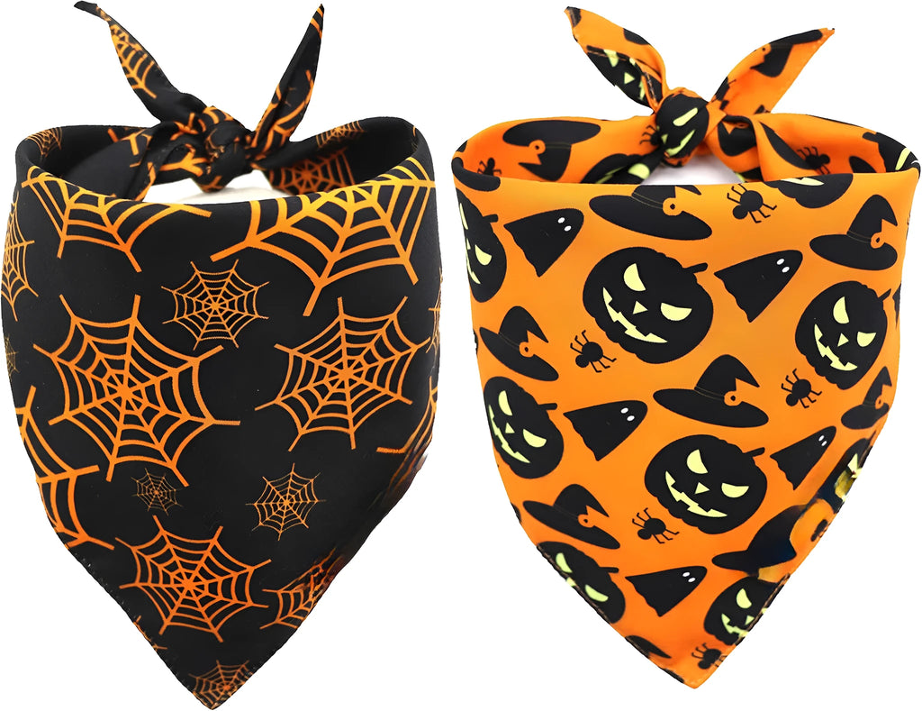 Black and orange reversible Halloween dog bandana with pumpkin and spider web patterns