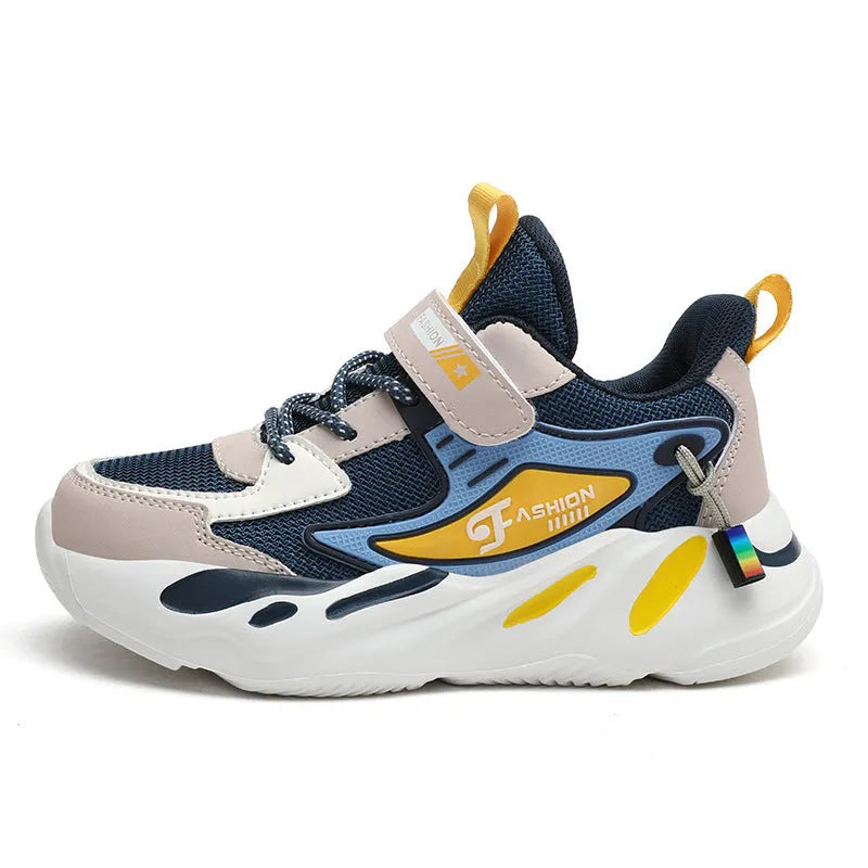 Boys' blue and black Velcro fastening sports shoes with a textured non-slip sole.