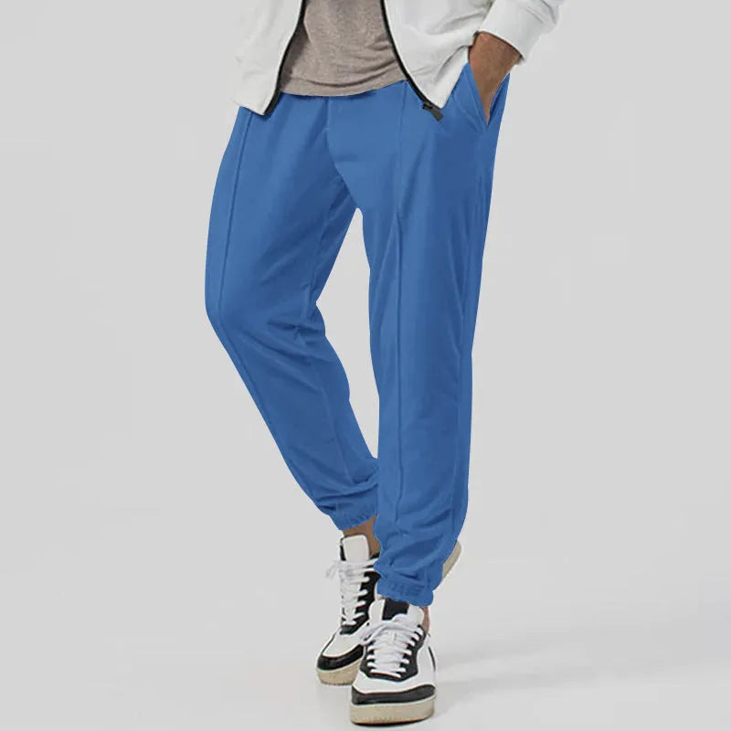 Men's grey cotton blend track sweatpants with straight leg design and mid waist