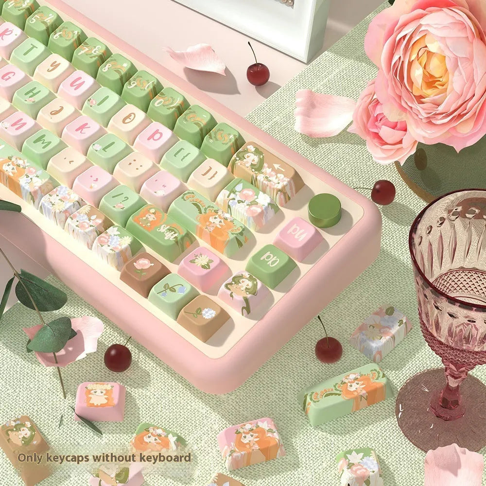 Summer Garden themed mechanical keyboard key cap set showing multiple keys with custom graphics via sublimation printing.