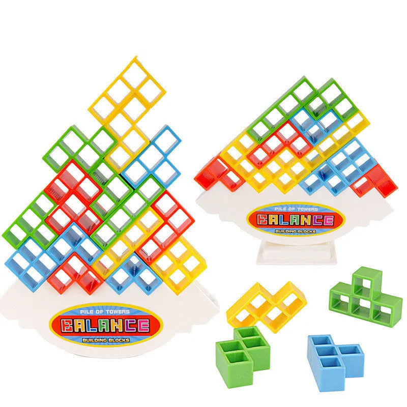 Plastic balance stacking game with 16 coloured building blocks on chassis